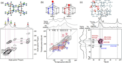 (a) 2D refocused INADEQUATE (J-mediated) 29Si{29Si} DQ NMR spectrum of as-synthesised zeolite ITW. (b) DNP-enhanced 2D 29Si{29Si} J-mediated correlation spectrum of calcined Si-SSZ-70. (c) Schematic diagram of the framework structure of Al-SSZ-70 (orange indicates the T sites that are occupied by Al heteroatoms), and 2D 27Al{29Si} J-HMQC NMR spectrum of calcined Al-SSZ-70. Credit: ©Science China Press Examples of NMR spectra of zeolites
